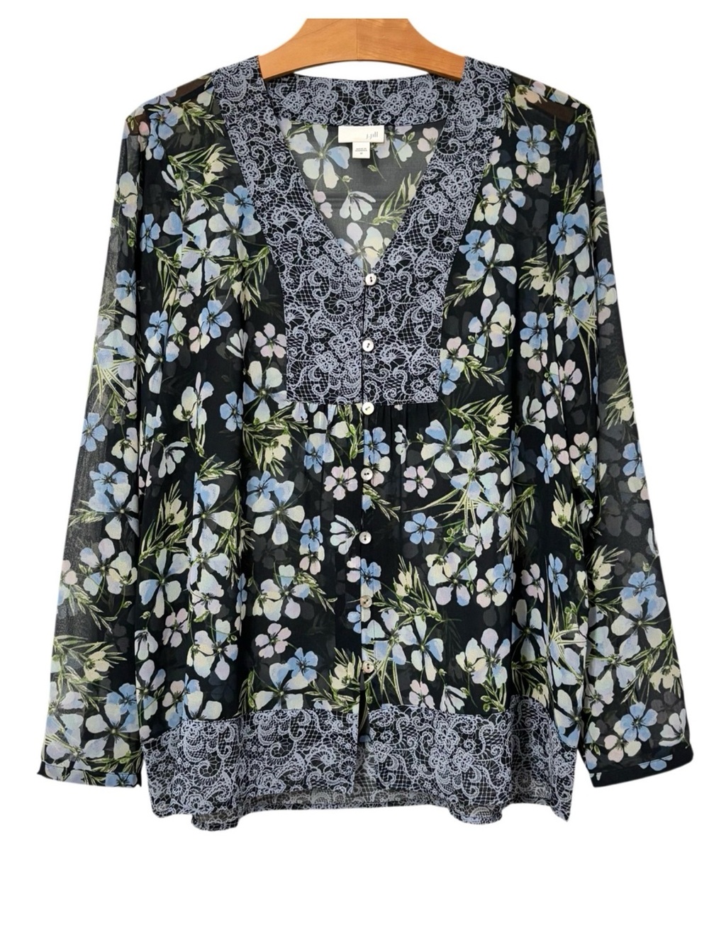 J Jill Sheer Button Down Blouse V-Neck Navy Flowers Print Medium